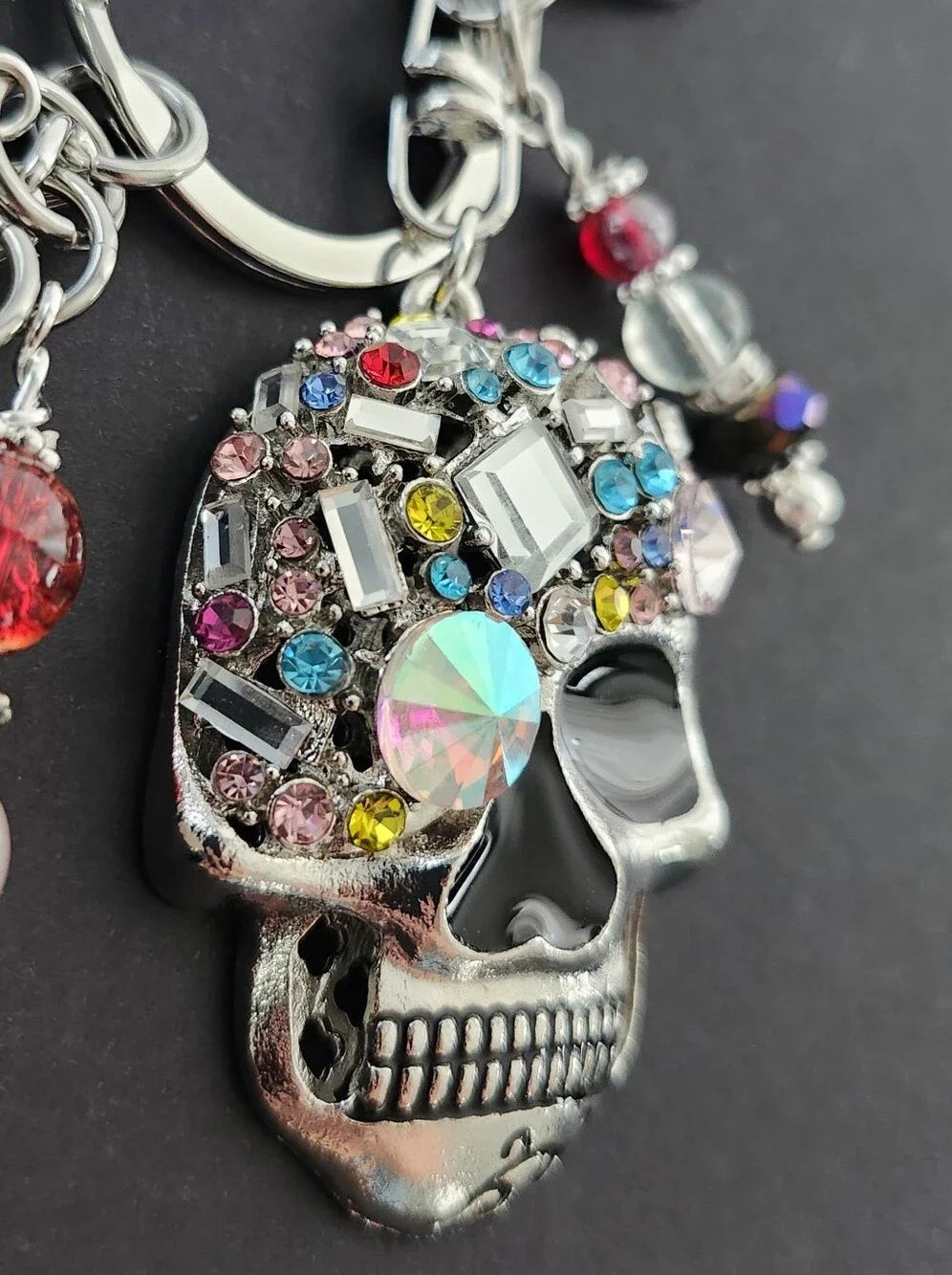 Skull Rhinestone Purse Charm or Keychain  Quartz Jasper Carnelian Handcrafted